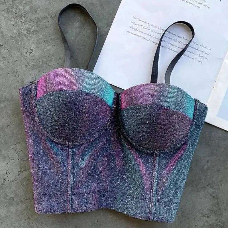 Women's Shiny Sexy Bra Corset Girls Push Up Cropped Tops Lady Halter Bling Bustier Tube Night Club Cool Camis Tanks Lingeries