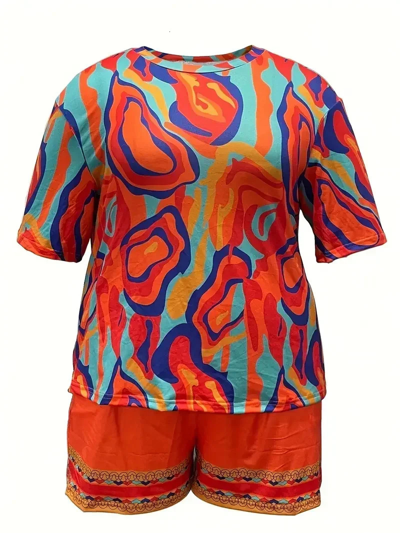Women Casual Plus Size 1XL5XL Colorful Abstract Print Pajama Set Short Sleeve Round Neck TShirt Shorts Summer Loungewear 250603
