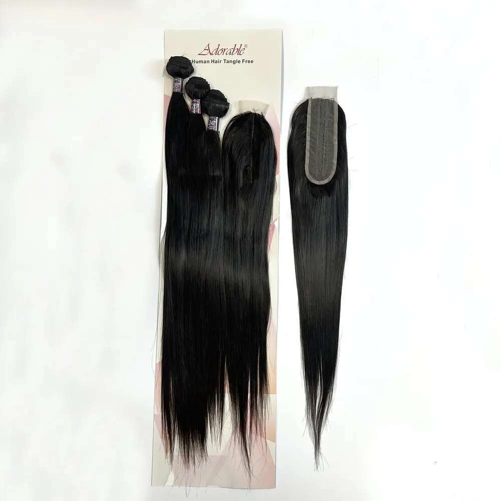 Protein mixed Heat Resistant Fiber Synthetic Remy 3PCS,Full Pack Straight Blend Hair With Silk Base Closure