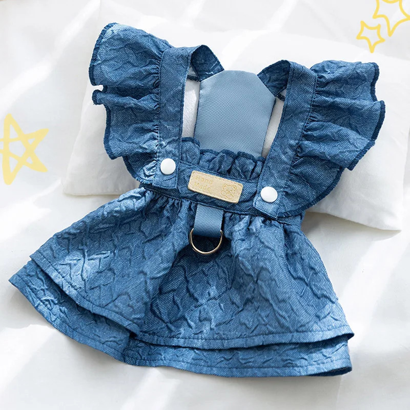 Denim Dog Dresses for Small Dogs Puppy Girl Clothes with Leash Ring Flying Sleeves Summer Cat Apparel Blue Chihuahua Outfits 250609