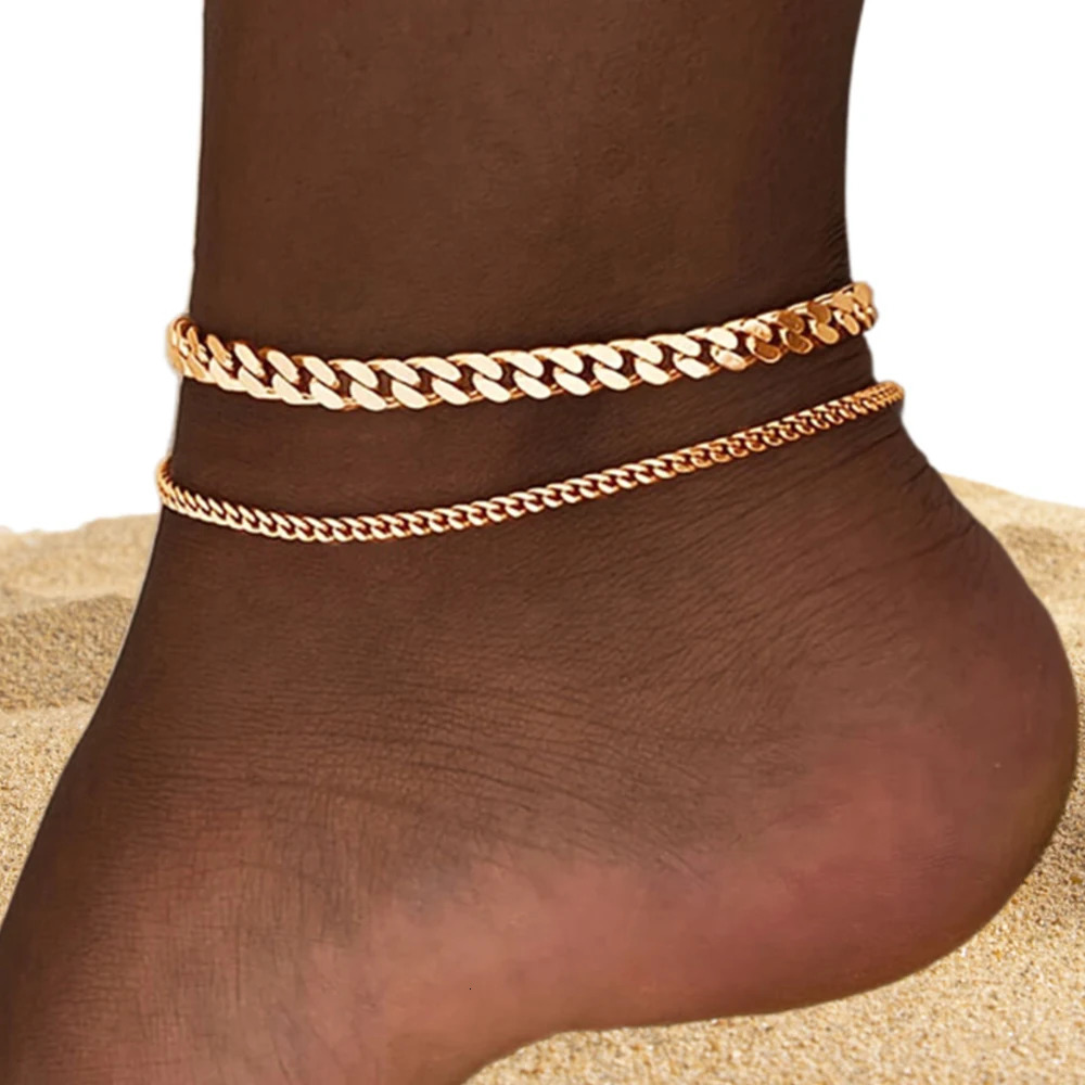 2PCS Simple Thick Thin Minimalist Gold Color Metal Chain Anklet Set for Women Casual Ankle Bracelet on Foot Jewelry Accessories 250528