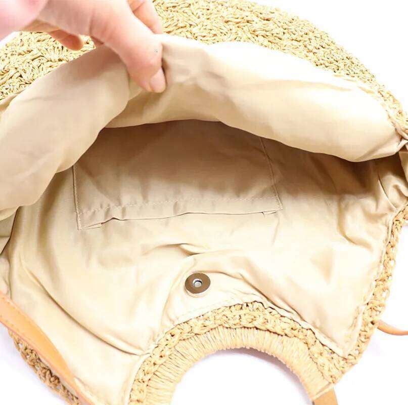 New 2024 Women's Woven Wooden Handle Straw Shoulder Bags Round Large-Capacity Beach Travel Handbag Crossbody Bag