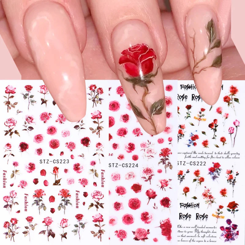 3pcs Vintage Rose Nail Art Stickers Watercolor n Romantic Floral Decals Valentine Manicure Sliders Adhesive Decor 250605
