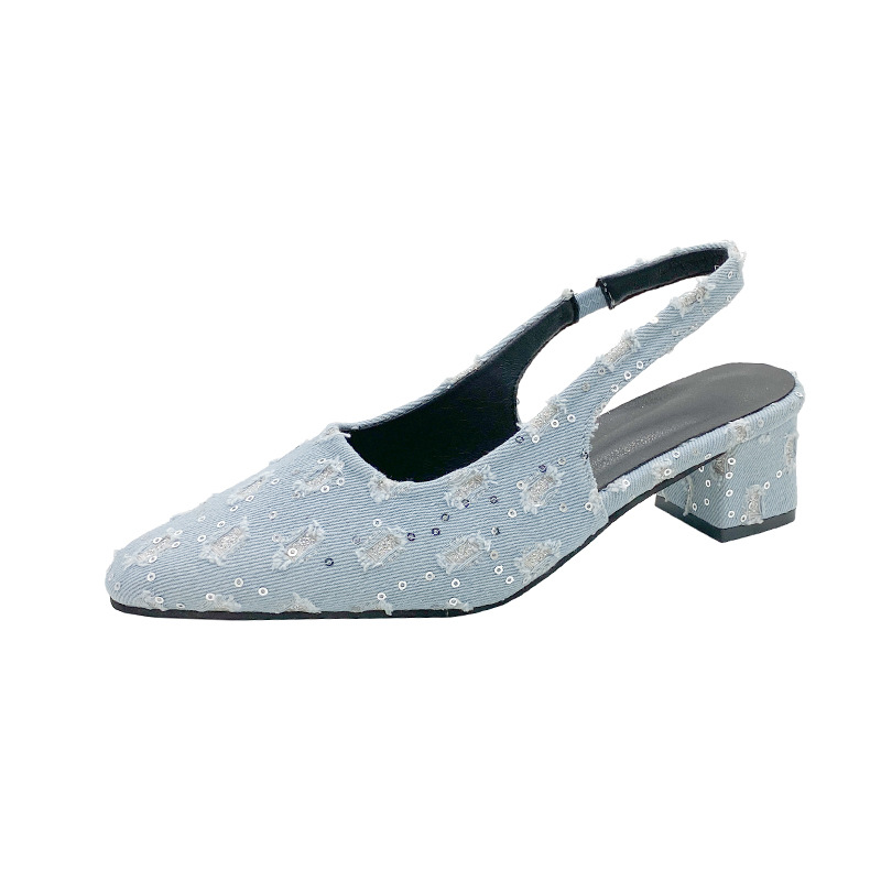 designer sandals with a toe cap, thick-heeled sandals, 2025 new style, sequined square toe cap, fashionable sandals, Summer style, large-sized sandals