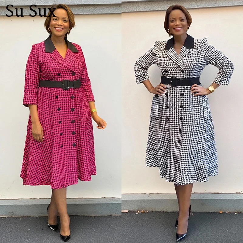 African Dresses For Woman Office Lady Africa Clothing Plaid Print Turn Down Collar A Line Dress and Belt Vestidos Robe Summ 250603