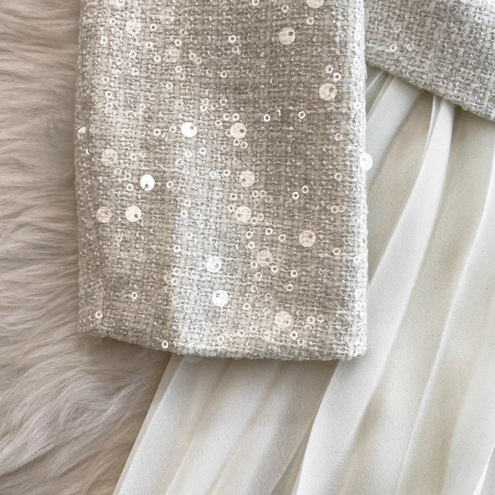 Sequin Chiffon Tweed Dresses Women Spring Autumn Single Breasted Crystal Belt Pleated Long Sleeve Party Vestido Short Robe 250603