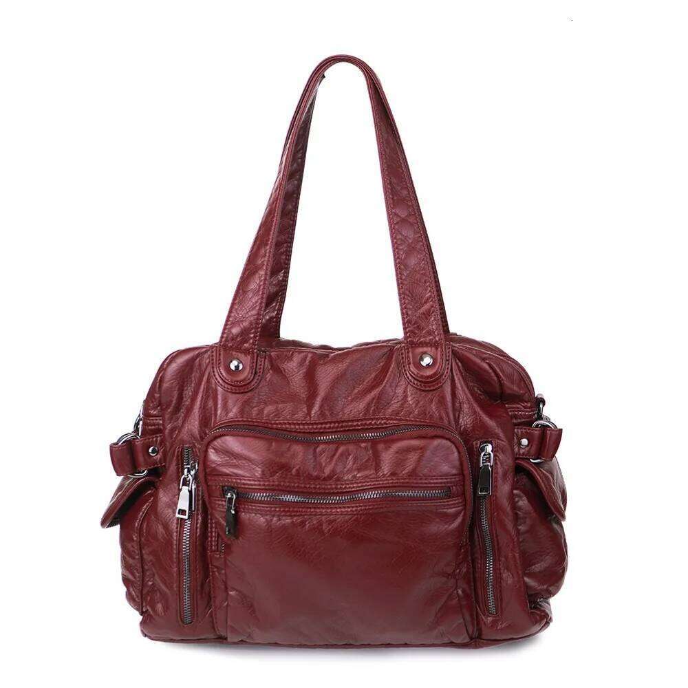 Annmouler Large Capacity Women Handbags Casual Washed Pu Leather Tote Multi-Pockets Shoulder Bag With Crossbody Strap