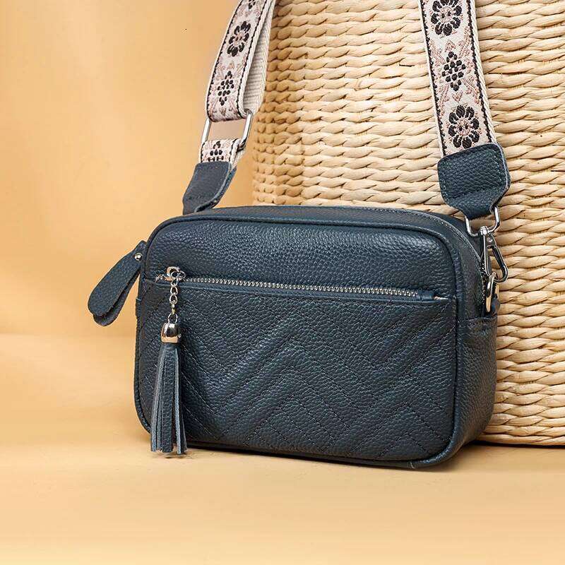 Fashion Wide Strap Crossbody Daily Commute Genuine Leather Handbag For Women Multi Compartment Zipper Shoulder Bag