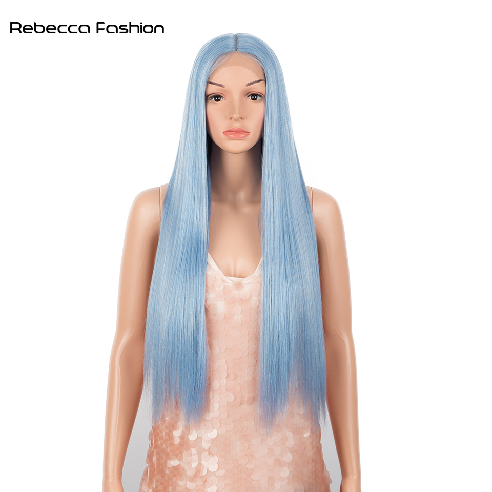 Rebecca Fashion Synthetic Blue Highlights Colors Straight Wig Middle Part Lace Wigs For Black Women Heat Resistant Cosplay
