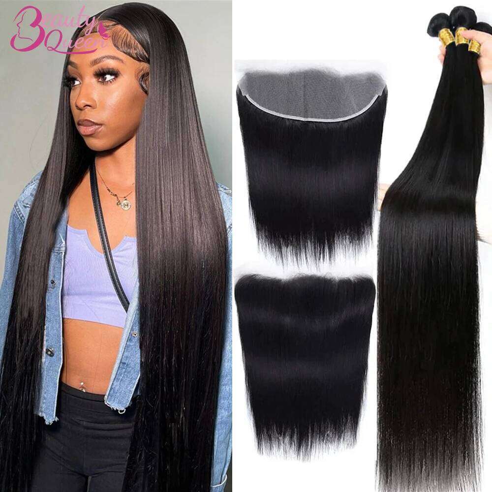 BeautyQueen Bundles 28 30 Inch Human Hair Brazilian Straight Bundle Weave Extensions With 13x4 Lace Frontal Closure