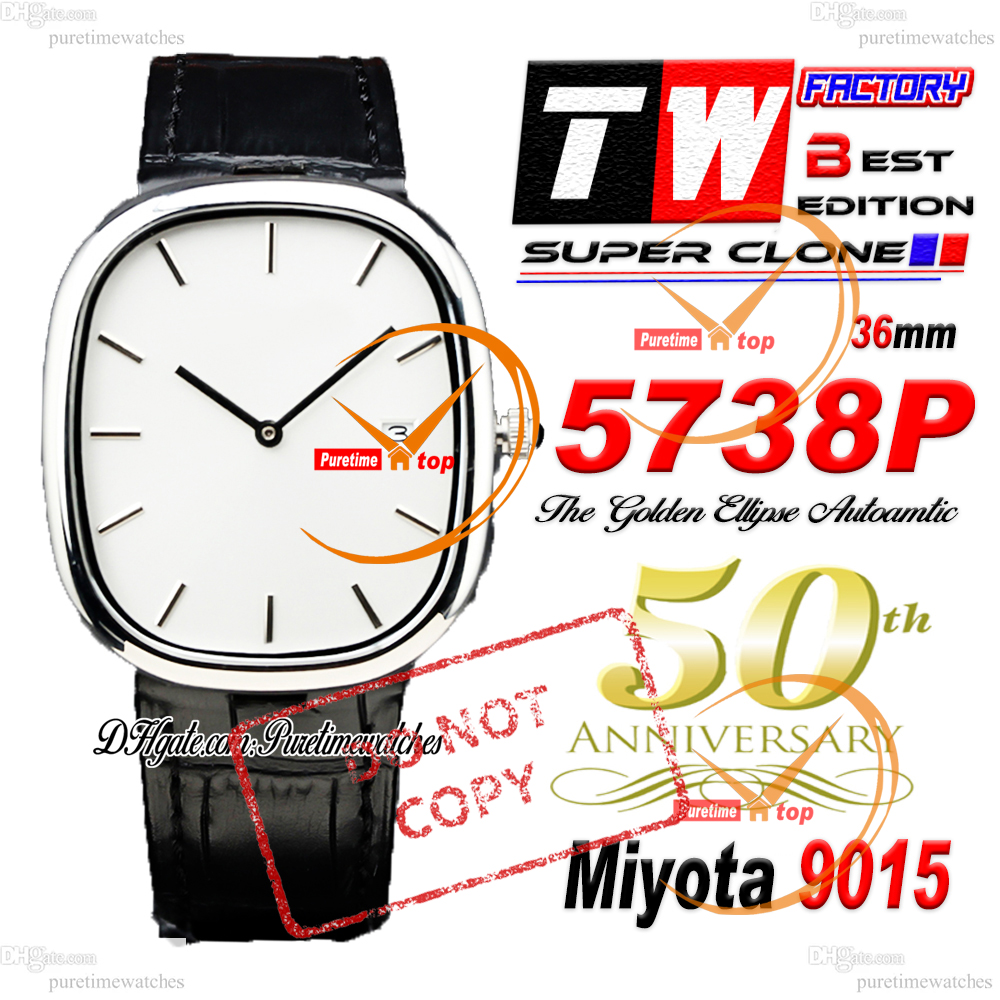 Golden Ellipse 5738P M9015 Automatic Mens Watch TWF Date 36mm Steel Case White Stick Dial Black Leather Strap CHS Reloj Hombre 50th Anniversary Puretimewatches CHS