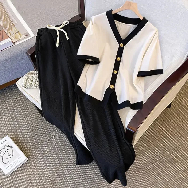 Plus Size Summer Short Sleeves Onepiece Fashionable Agereducing Slimming Body Shaping Casual Bell Bottoms Twopiece Suit 250603