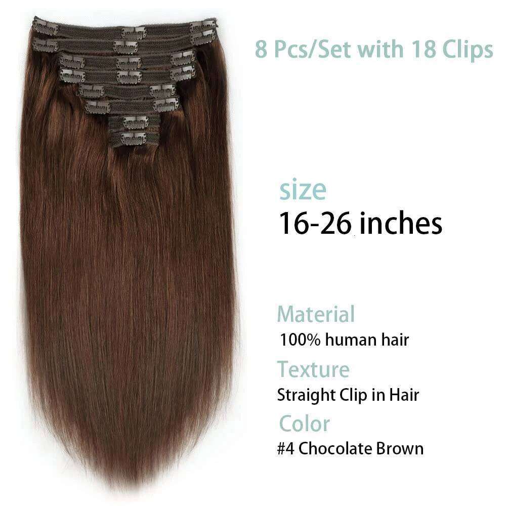 Clip Ins Straight 120 Gram Pack Extensions 10A Brazilian Virgin Human Hair For Natural Black Color 16-26inch
