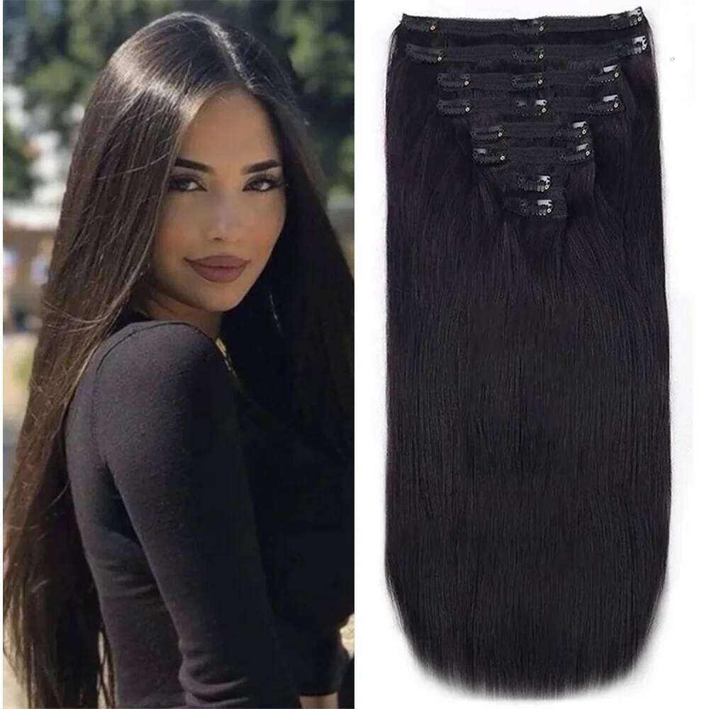 Black Brazilian Straight Clip in Extensions Remy Natural Color Human Hair 24 26inch Full Head Set for Women