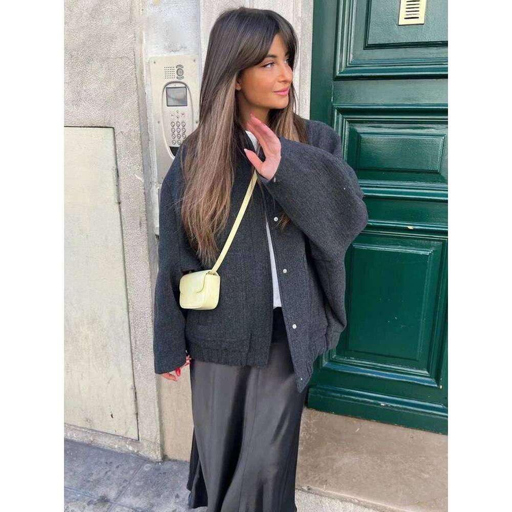 Loose Bomber Jacket For Women 2024 Spring Long Sleeve Pocket Coats Female Stand Collar Single Breasted Street Outerwear