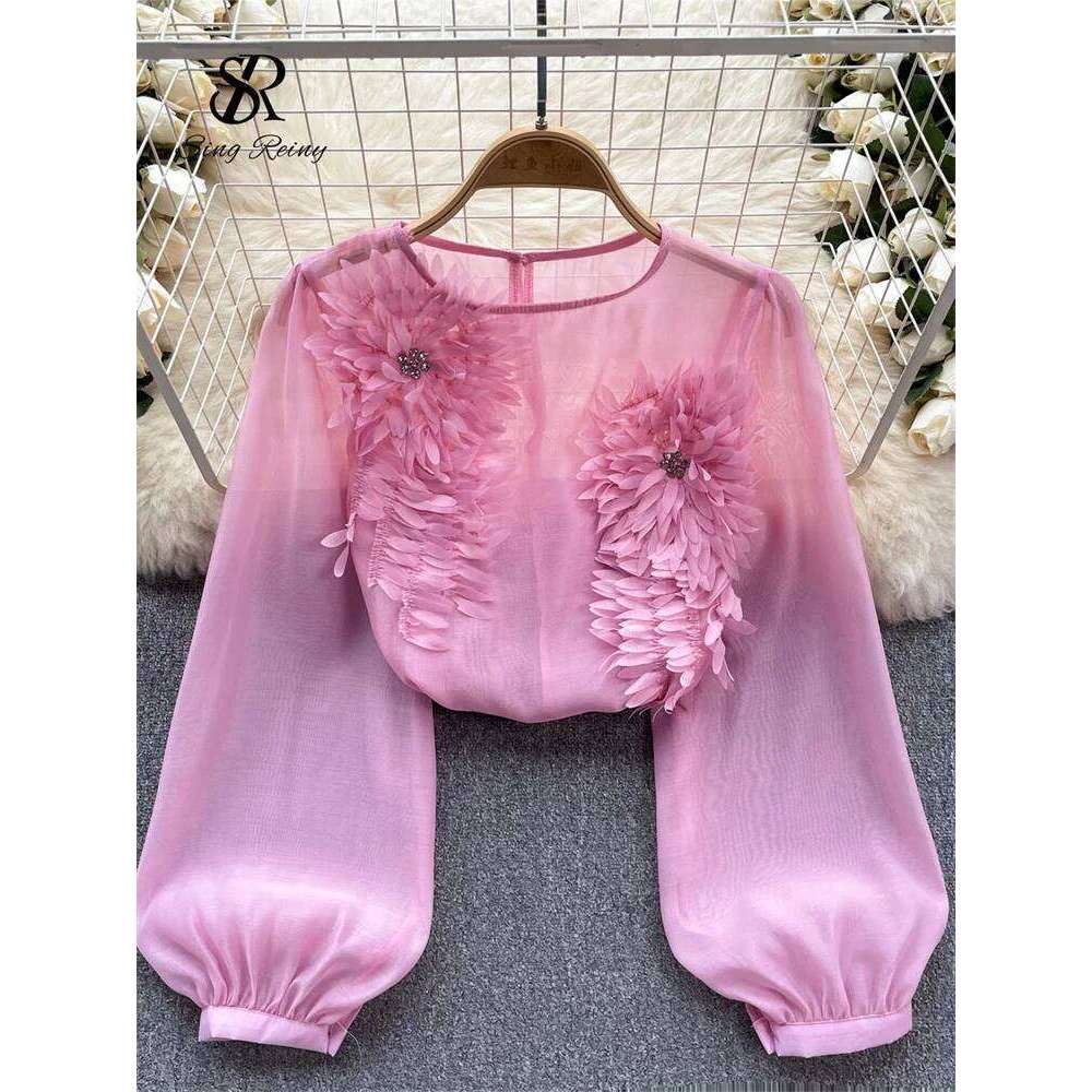 SINGREINY Spring Loose Satin Blouse Women O Neck Long Sleeves Sheer Bohemian Top 2025 Transparent 3D Floral Casual Shirt
