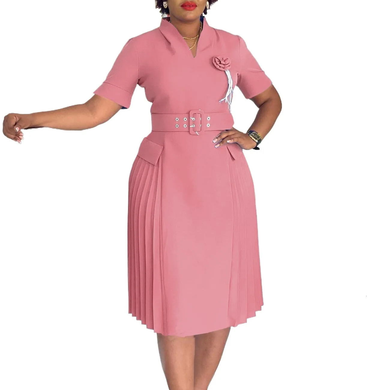 AOMEI Women Elegant Dresses V Neck Short Sleeves Pleated Waist Belt 3D Flowers Classy Church Business Party Female African 250603