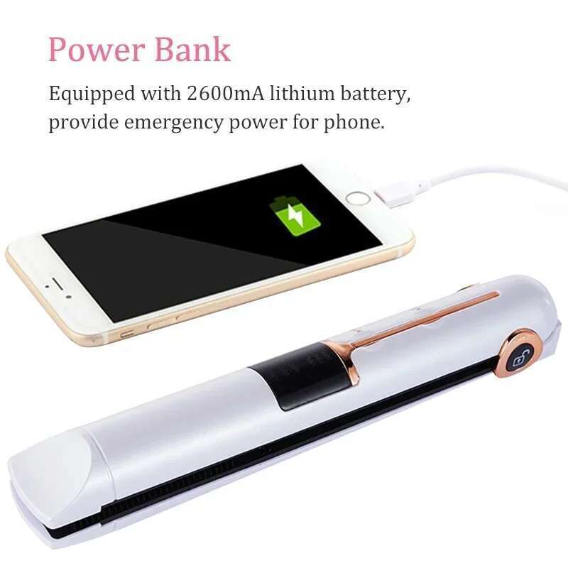 Portable USB Rechargeable Straightener With Power Bank Lock System Travel Flat Irons Wireless Straightening Hair Curler