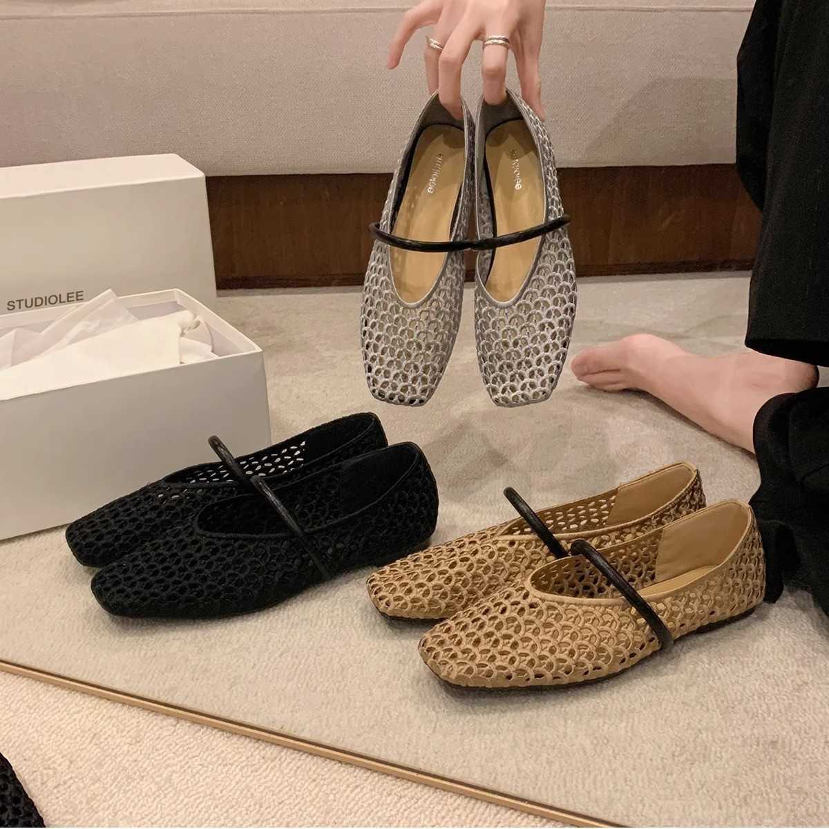 French Square Toe Hollow Woven Strap Shallow Mouth Casual Versatile Elegant Mary Jane Shoes