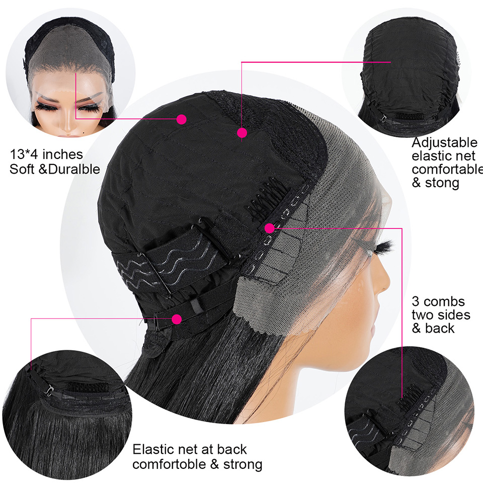 Rebecca Fashion Synthetic Front For Women 38 inch Long Straight Layered Wigs 13X4 Lace Frontal Free Part Black Cosplay Wig