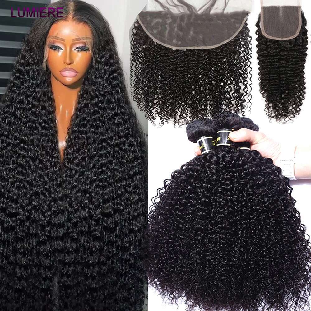 Deep Afro Kinky Curly Bundles With 13X4 Frontal Closure HD Transparent Lace 100% Raw Virgin Human Hair Bundle Deals