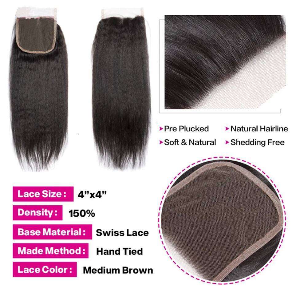 kinky 13X4 Transparent Frontal Yaki Straight 100% Human Hair With 4x4 Lace Closure and Bundles