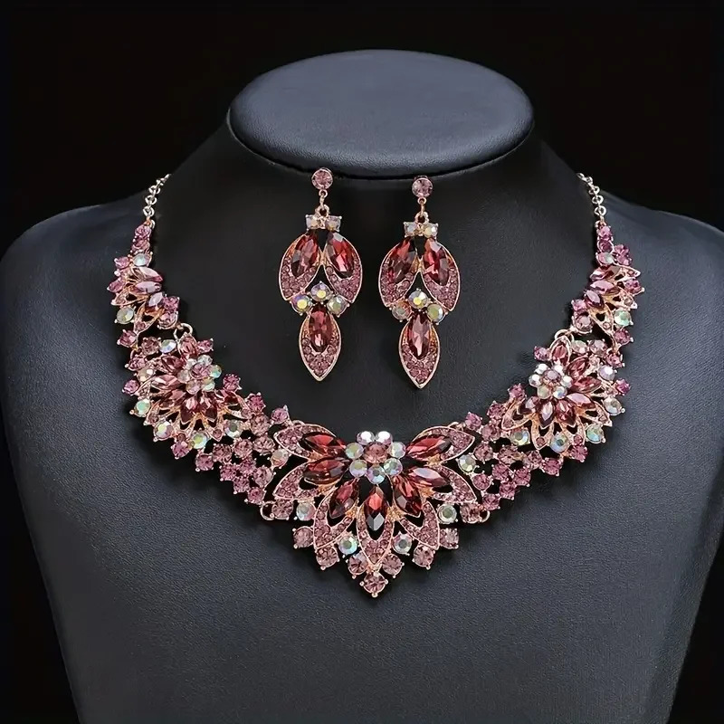 Lady 3pcs Earrings Plus Necklace Jewelry Set Inlaid Rhinestone Trendy Leaf Evening Party Decor For Female 250618