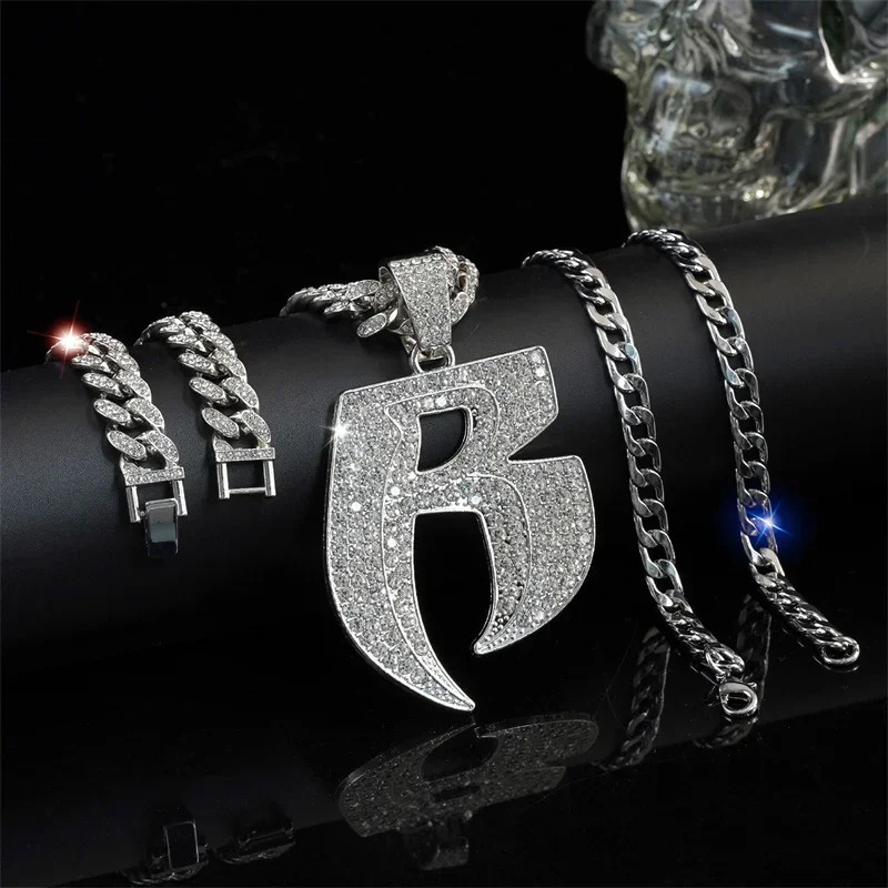 Hip Hop Letter R Pendant Necklace With 13mm Width Miami Cuban Chain Choker Fit Men Women Ruff Ryders Jewelry 250606