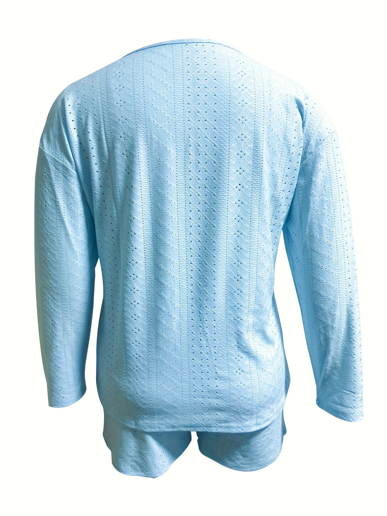 2024 Plus Size Eyelet Casual Shorts Set Crew Neck Long Sleeve Top Outfits Clothing 250603