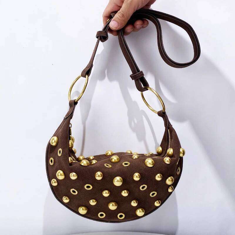 Vintage Slim Faux Suede Crescent Bags For Women Designer Handbags Purses 2025 New In Rivet Hollow Small Underarm Shoulder Designer Bag Luxury Bag