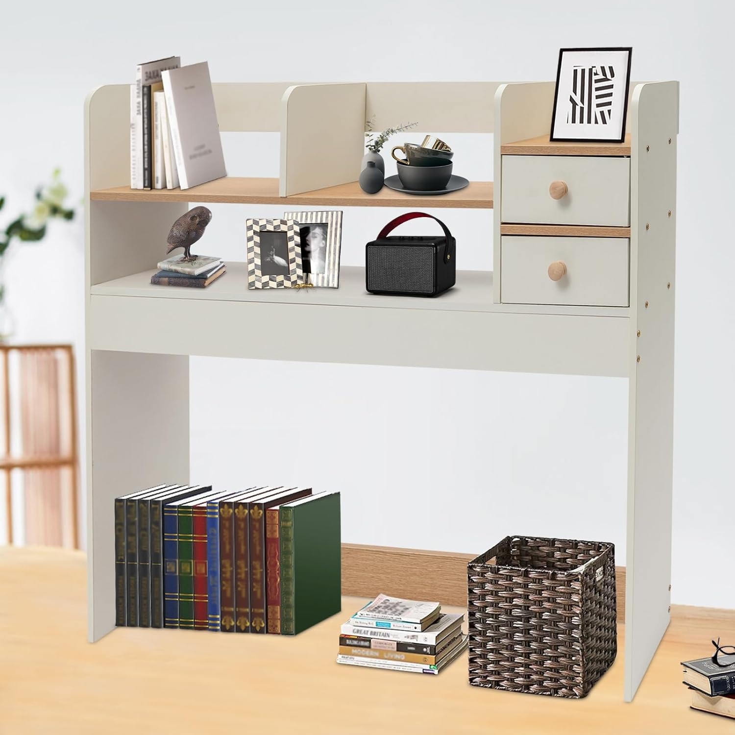 3-Tier Desktop Bookshelf Countertop Storage Desk Hutch for Computer Desk, Multipurpose Desktop Organizer Shelf with 2 Drawers Office Supplies Home Des