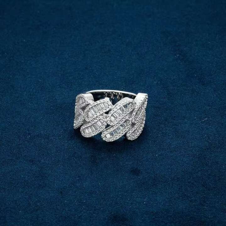 Sterling Silver S925 Men Gold Diamond Ring Baguette Cut VVS Moissanite Diamond Hip Hop Fine Jewelry Band Ring