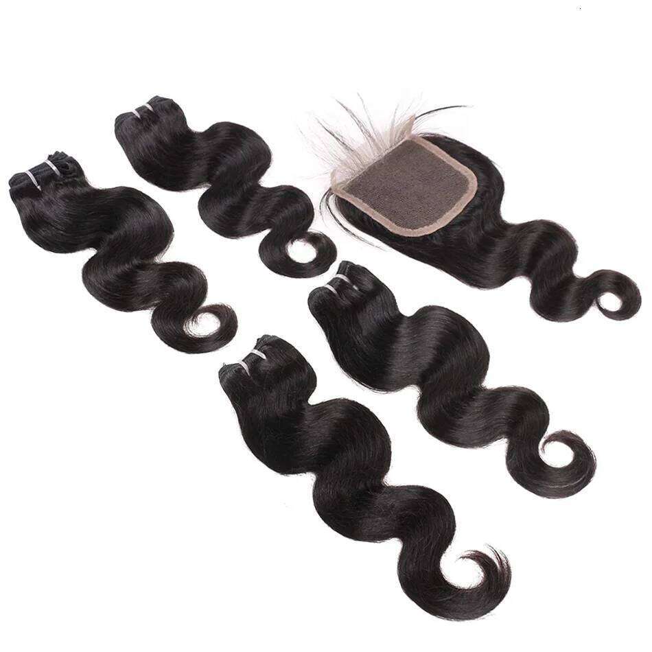 Brazilian Natural Remy 50g 4 Bundles Body Wave Human Hair With Transparent Lace Closure