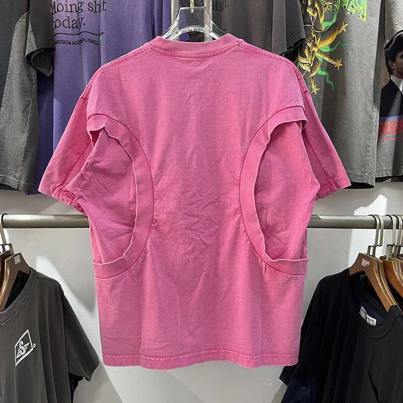 Summer New Cotton Patchwork Vintage Quality Men Women T-shirts High Street Washed Solid Color Loose Tee Short Sleeve Tops