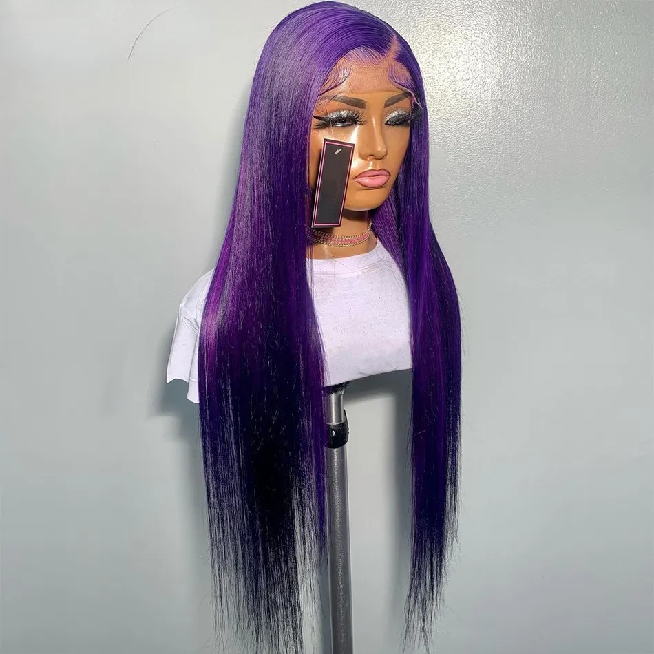 Purple Colored Straight Lace Front Wig Pre Plucked 13x4 HD Transparent Purple Lace Frontal Wigs For Women Human Hair Synthetic