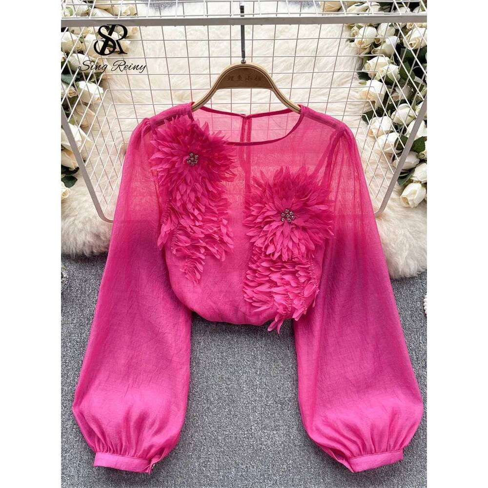 SINGREINY Spring Loose Satin Blouse Women O Neck Long Sleeves Sheer Bohemian Top 2025 Transparent 3D Floral Casual Shirt