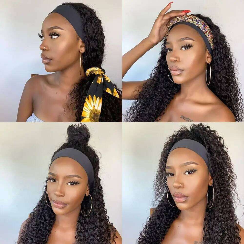 Wigs-Water Wave Headband Human For Women Synthetic Hair 16-24 Inches Remy Full hine Made Black Curly Hair Band Wigs