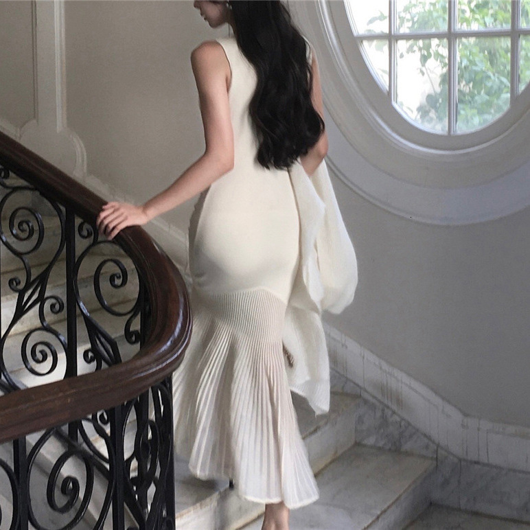 8003 White Dress Round Neck Layered U-Neck Sleeveless Waist-Cinching Ice Silk Sheer Patchwork Organza Mermaid Long Dress 240408