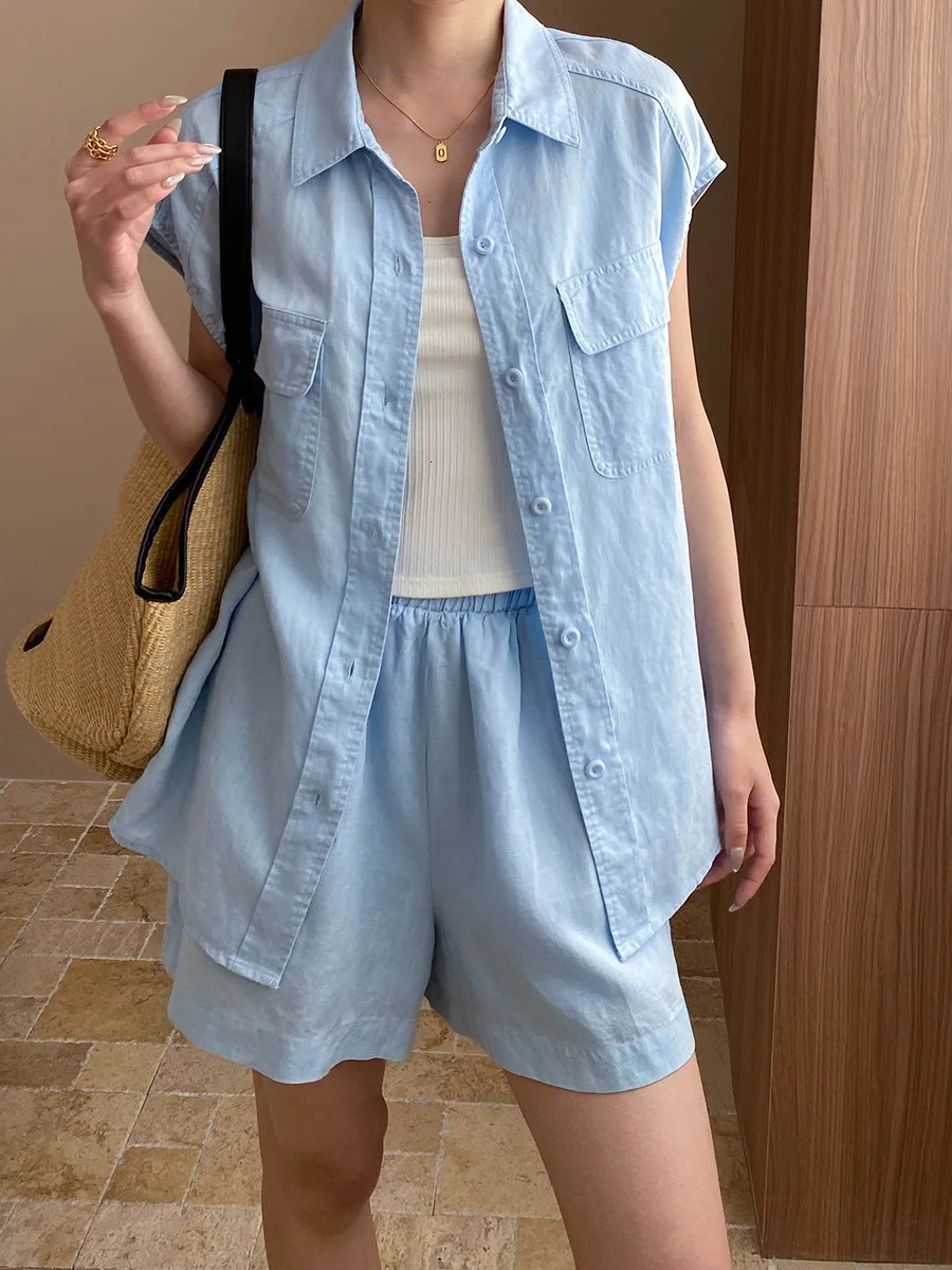 summer womens casual linen set solid color lapel sleeveless pocket decoration shirthigh waisted loose shorts set 250606