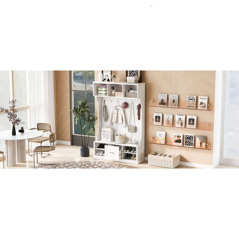 U-Can 57'' Hall Tree with 6 Hooks, Coat Hanger, Entryway Bench, 3-in-1 Design, A Spacious Drawer for Entrance, Living Room