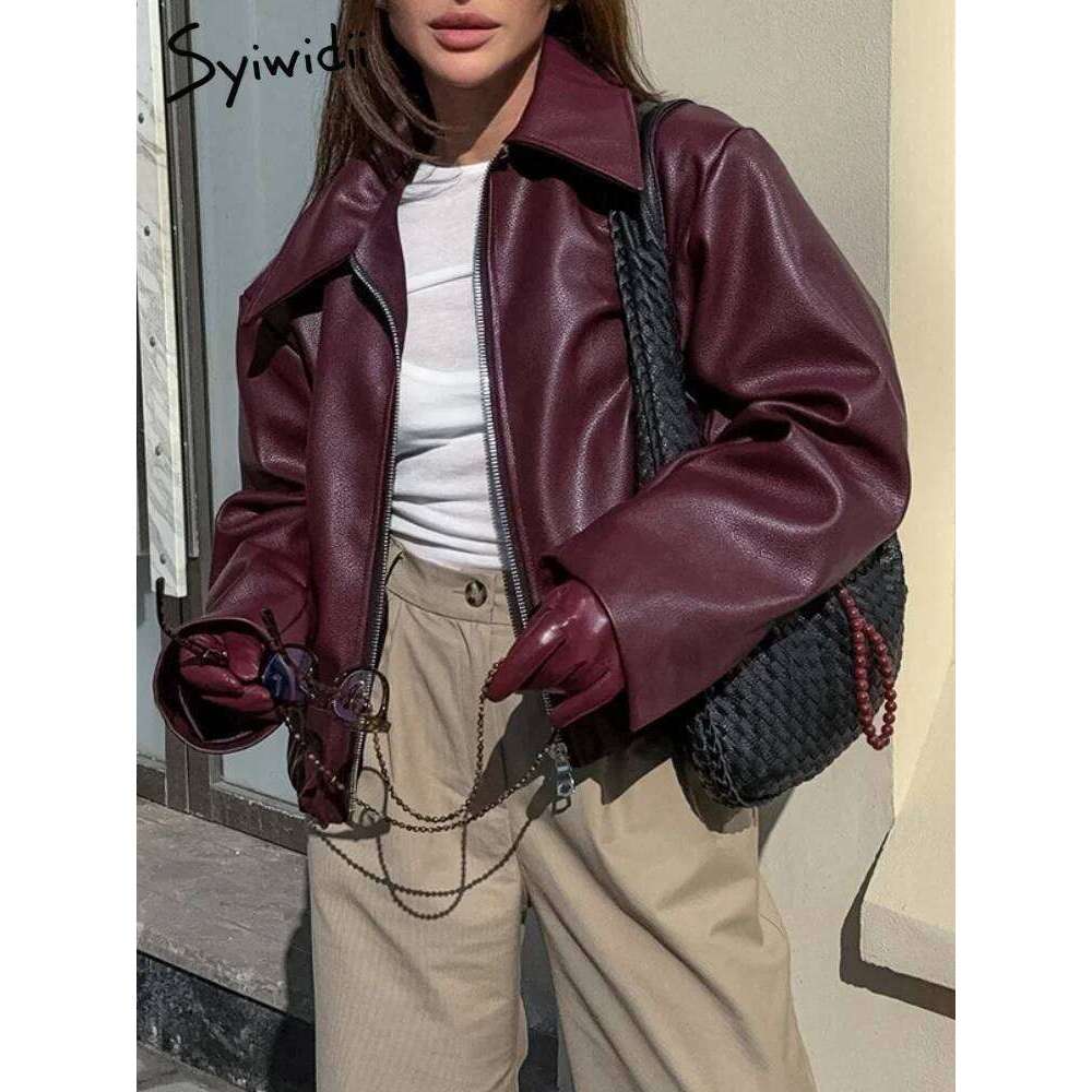 Syiwidii Faux Leather Jackets Women's Fashion Lapel Zipper Long Sleeve Outerwear 2025 New Chic Vintage High Street Ladies Coats
