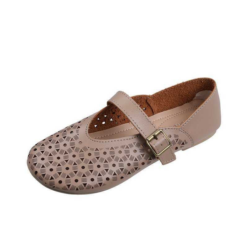 Summer Round Toe Buckle Hollow Solid Color Single Shoes Doll Shoes Shallow Mouth Flat Womens Casual Shoes