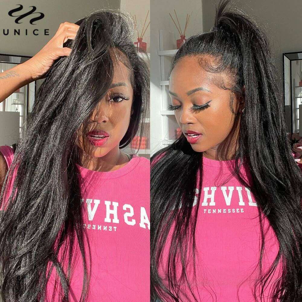 UNice Yaki Straight With Natural Color 100% Human Hair Bundles 3PCS And Middle Part 4x1 Lace Closure