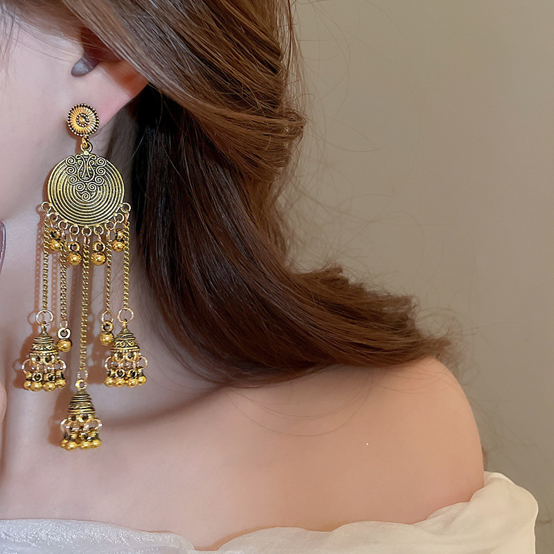 Vintage Antiqued Ethnic Inspired Circular Wind Chime Tassel Earrings Metal Textured Elegant Statement Ear Jewelry for Women