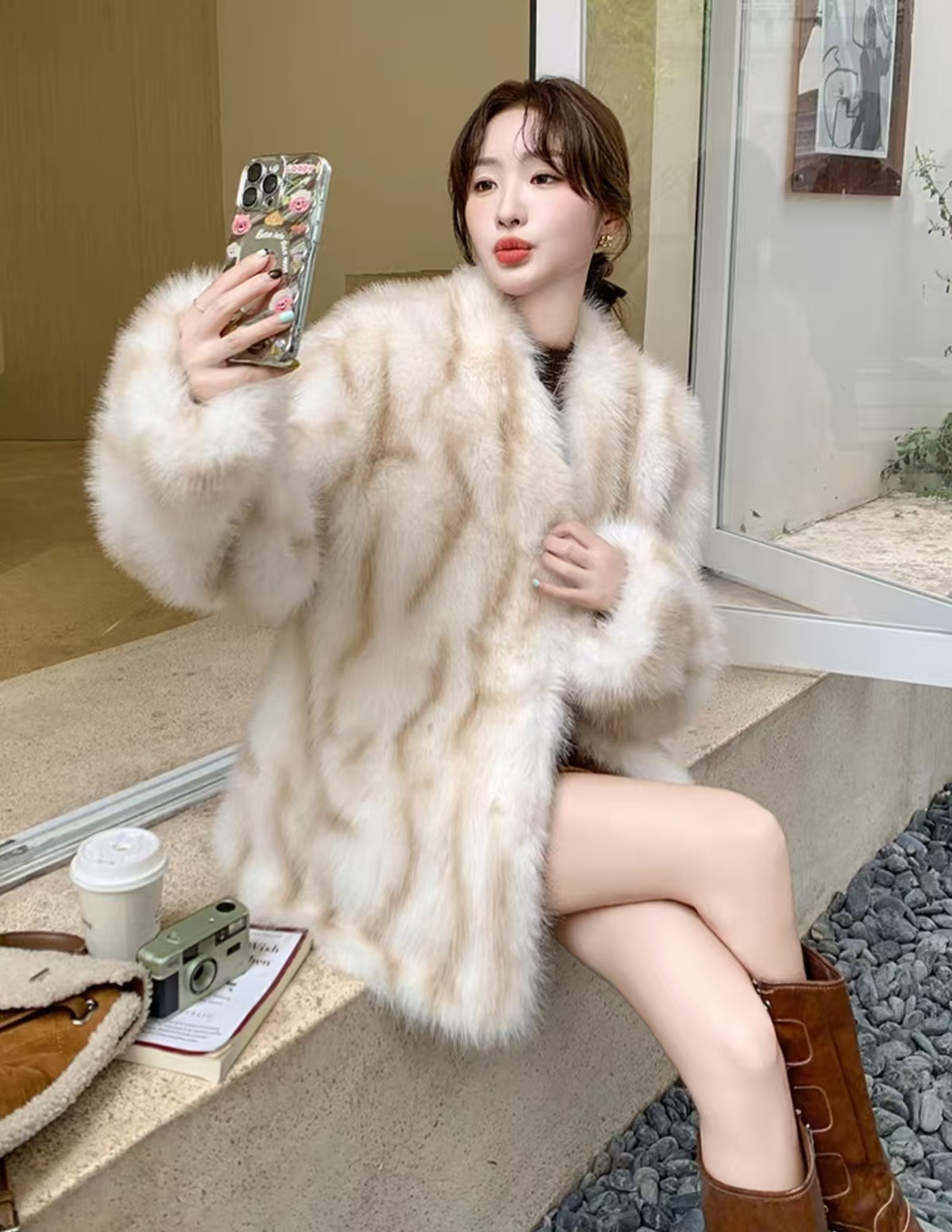 Fashionable Ivory Beige Faux Fur Wool Coat with Creative Orange Pattern for Women - Warm & Luxurious