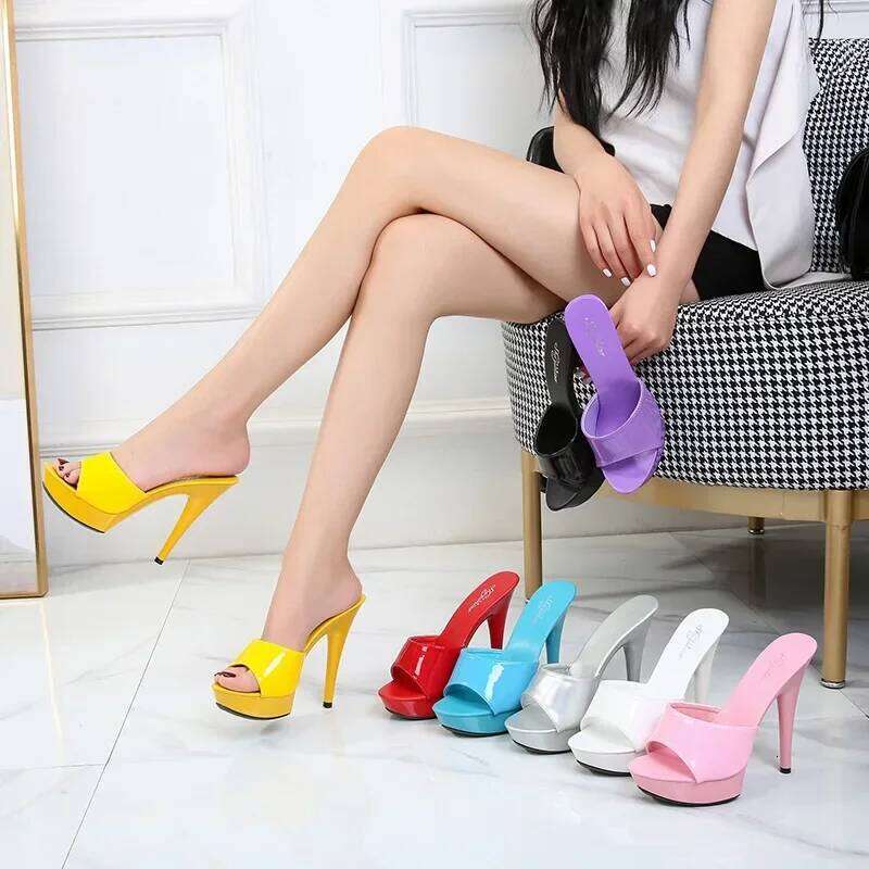 Womens Slippers Mule Patent Leather Sexy Fashion 13CM Slides Party Shoes for Woman Red Sandals Summer Comfortable