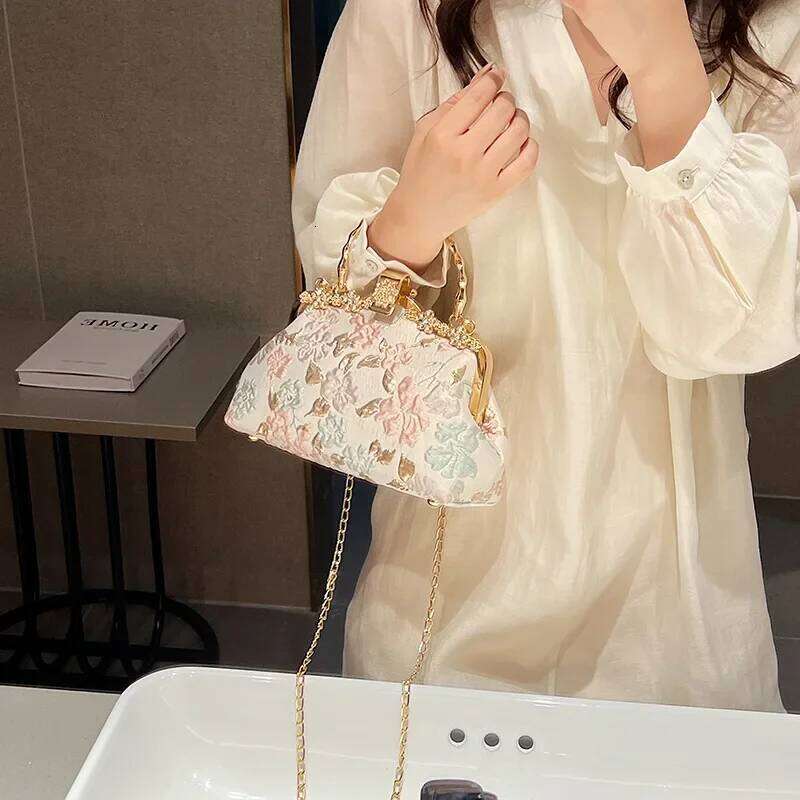 Chinese Style Flower Print Dinner Evening Bags Retro Fashion Metal Handle Handbags Banquet Party Chain Shoulder Bag Small Clutch