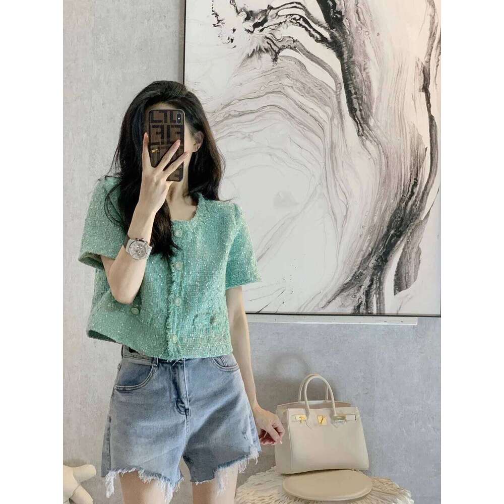 Vintage Fragrant Short Sleeve Jacket Women's Spring/Summer New Versatile Fashion Tweed Greent Coat
