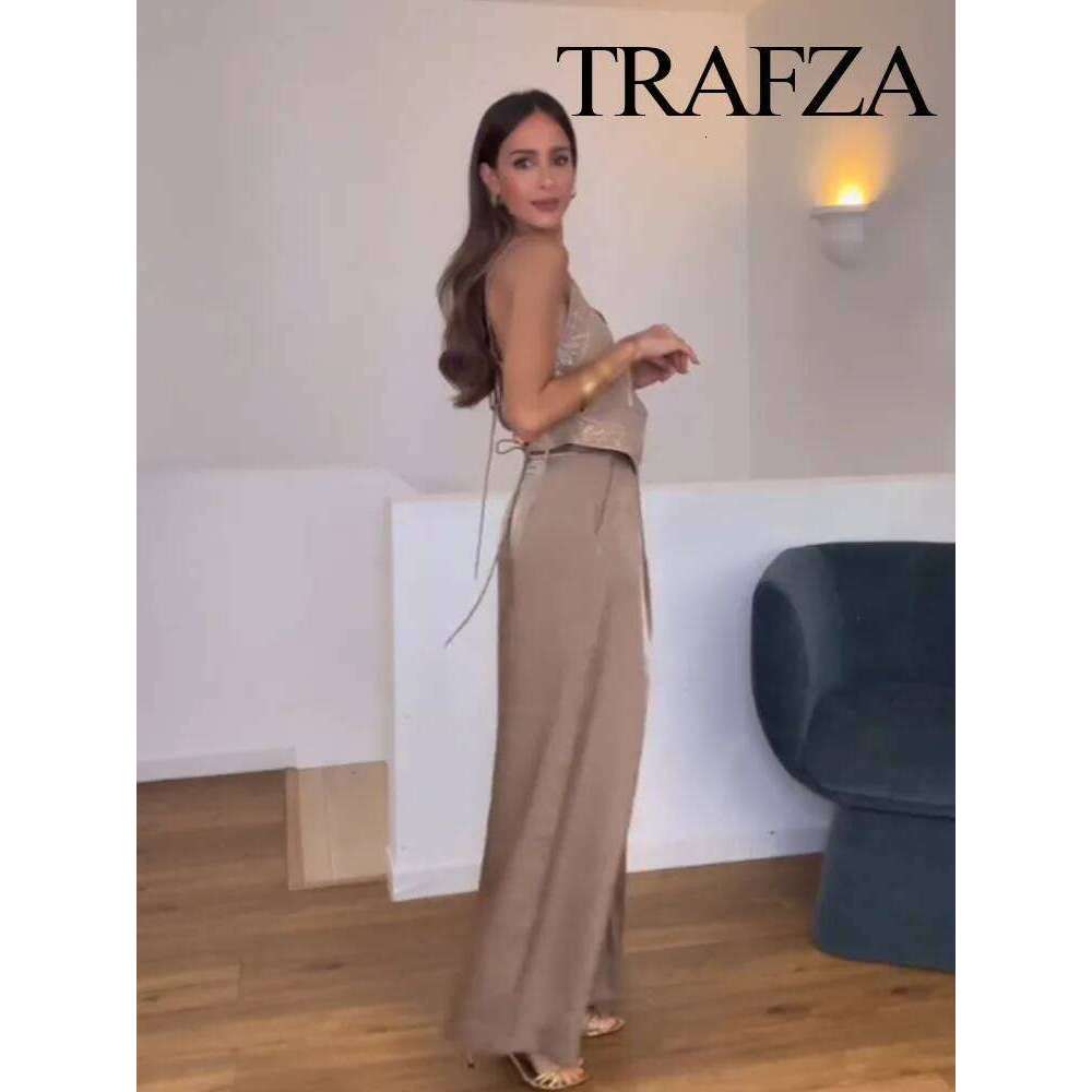 Female Summer Sexy Sling Light Brown V-Neck Sleeveless Embroidery Lace-Up Decoration Women's Fashion Short Tops