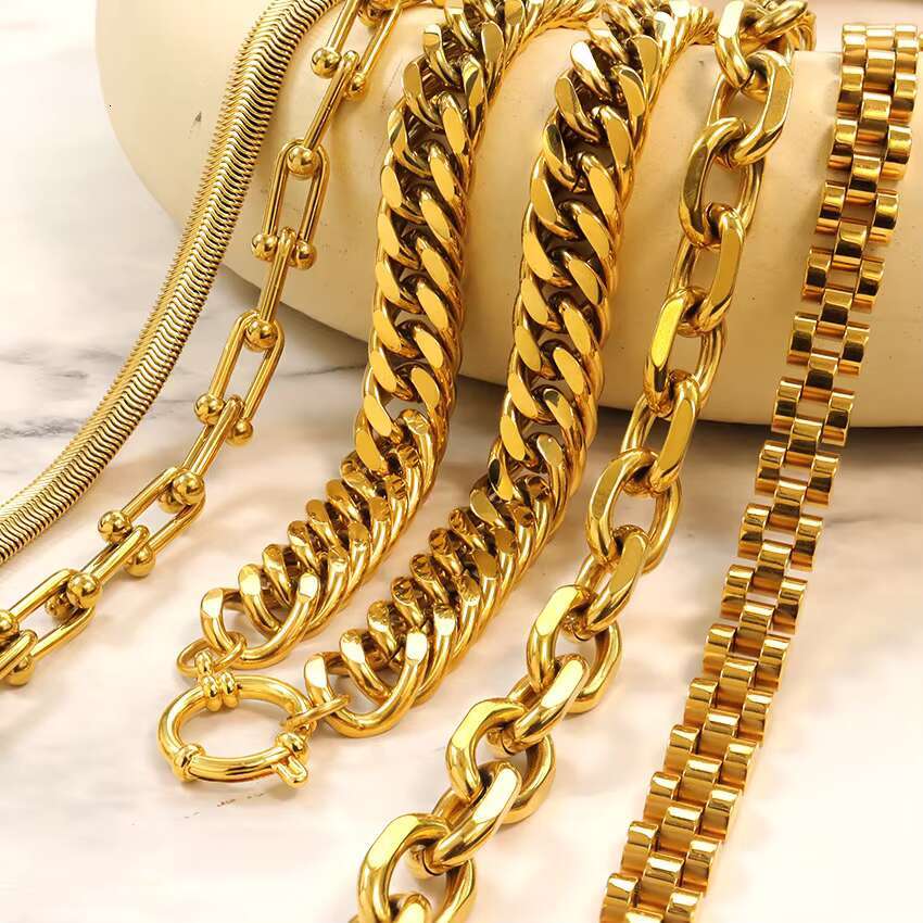 Fashion 18k Gold Plated Jewelry Stainless Steel Flat Cuban Necklace Chain Waterproof Tarnish Free Miami Cuban Chain for Women